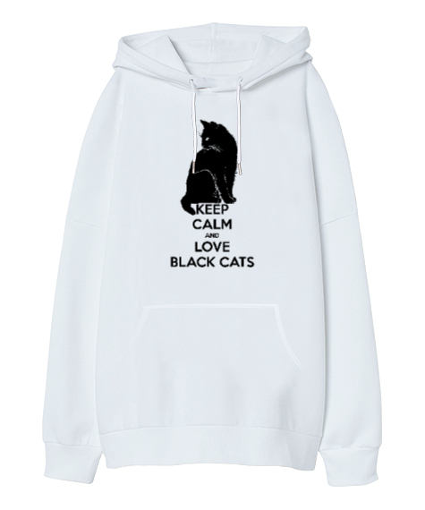 Tisho - Keep Calm And Love Black Cat Beyaz Oversize Unisex Kapüşonlu Sweatshirt