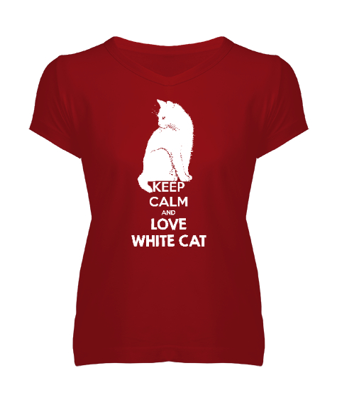 Tisho - Keep Calm And Love White Cat Kırmızı Kadın V Yaka Tişört
