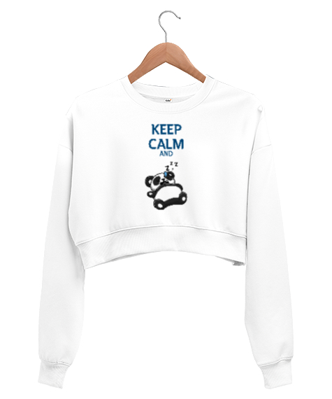 Tisho - Keep Calm And Sleeping - Sakin Olun ve Uyuyun Beyaz Kadın Crop Sweatshirt