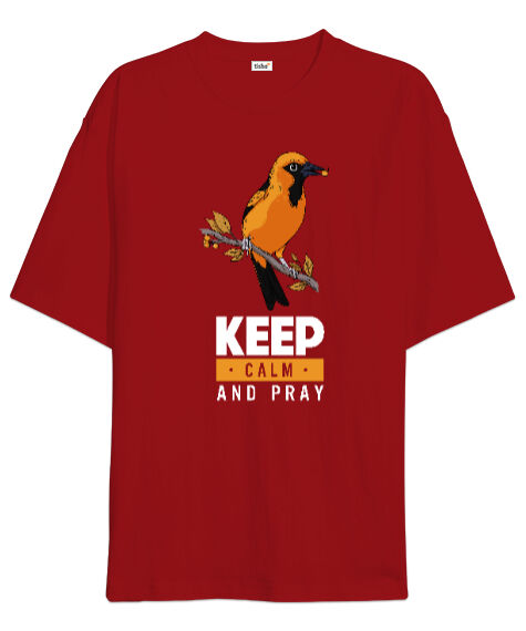 Tisho - Keep Calm Pray Kırmızı Oversize Unisex Tişört