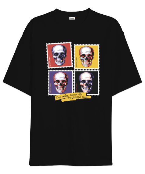 Tisho - Keep Smiling - Retro Pul - Skull - Gülen Kafatası Siyah Oversize Unisex Tişört