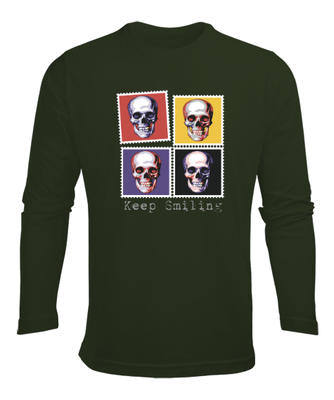Tisho - Keep Smiling - Retro Pul - Skull - Gülen Kafatası V2 Haki Yeşili Erkek Uzun Kol Yazlık Tişört