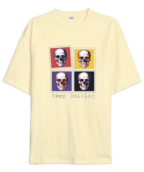 Tisho - Keep Smiling - Retro Pul - Skull - Gülen Kafatası V2 Krem Oversize Unisex Tişört