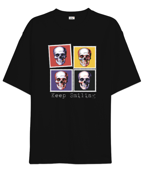 Tisho - Keep Smiling - Retro Pul - Skull - Gülen Kafatası V2 Siyah Oversize Unisex Tişört