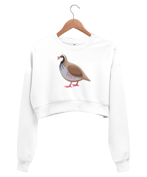 Tisho - Keklik kuşu baskılı Beyaz Kadın Crop Sweatshirt