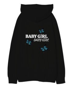 Kelebek Baskılı Baby Girl Siyah Oversize Unisex Kapüşonlu Sweatshirt - Thumbnail
