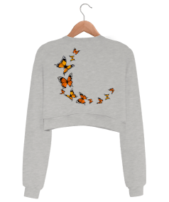 Kelebek baskılı Kadın Crop Sweatshirt - Thumbnail