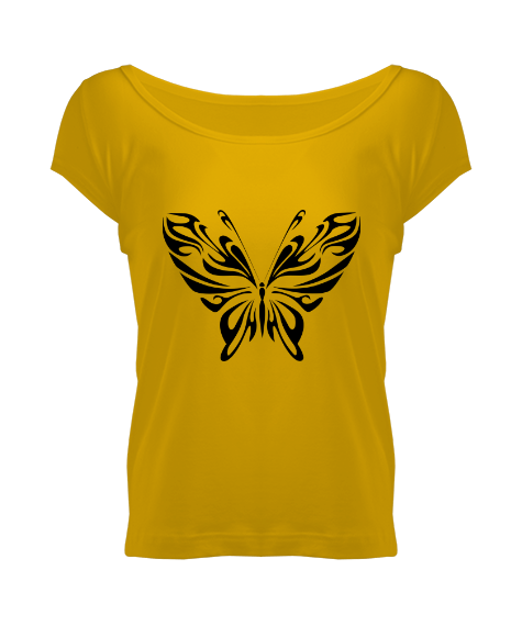 Tisho - Kelebek Baskılı Kadın Geniş Yaka Tişört Kadın Geniş Yaka Tişört