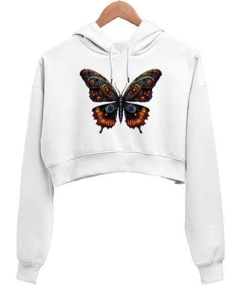 Tisho - kelebek Beyaz Kadın Crop Hoodie Kapüşonlu Sweatshirt