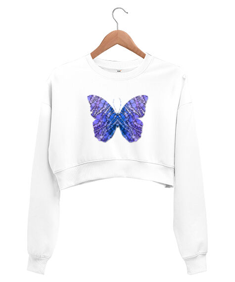 Tisho - Kelebek Beyaz Kadın Crop Sweatshirt