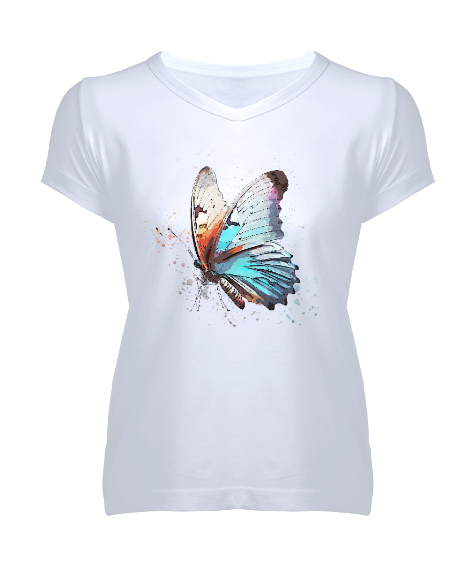 Tisho - Kelebek Beyaz Kadın V Yaka Tişört