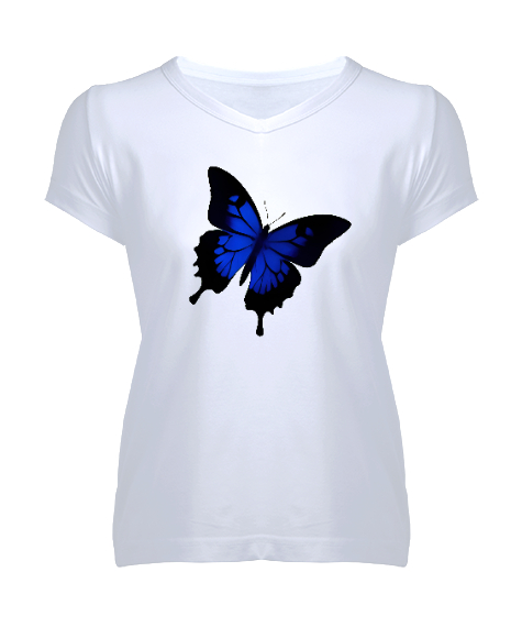 Tisho - kelebek Beyaz Kadın V Yaka Tişört