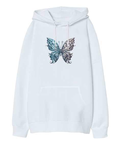 Tisho - kelebek Beyaz Oversize Unisex Kapüşonlu Sweatshirt