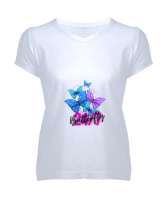 Kelebek butterfly Beyaz Kadın V Yaka Tişört - Tisho