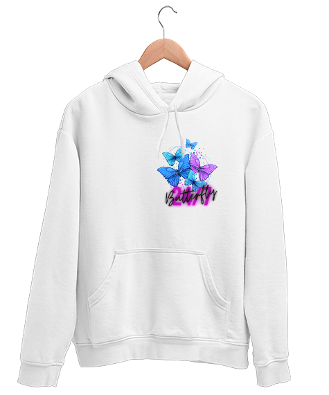 Tisho - Kelebek butterfly Beyaz Unisex Kapşonlu Sweatshirt