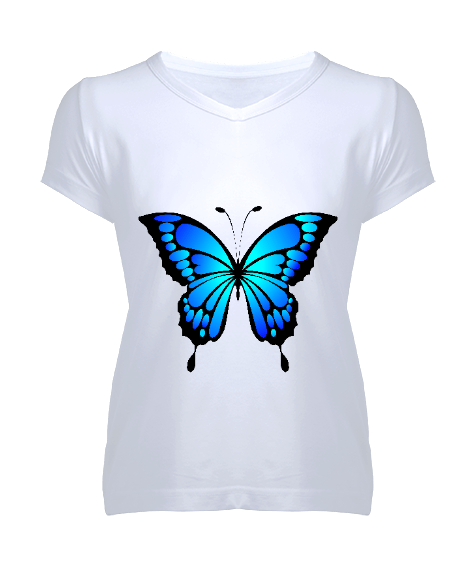 Tisho - Kelebek Desenli Kadın V Yaka Tişört