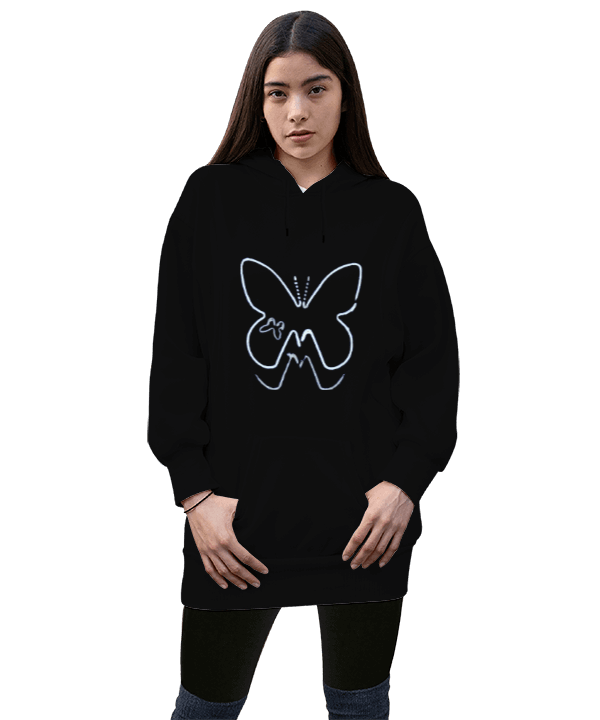 Tisho - Kelebek Kadın Uzun Hoodie Kapüşonlu Sweatshirt