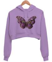 Kelebek Lila Kadın Crop Hoodie Kapüşonlu Sweatshirt - Tisho