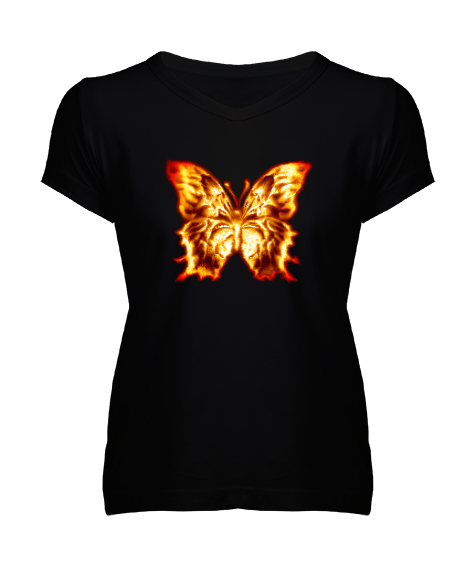 Tisho - kelebek Siyah Kadın V Yaka Tişört