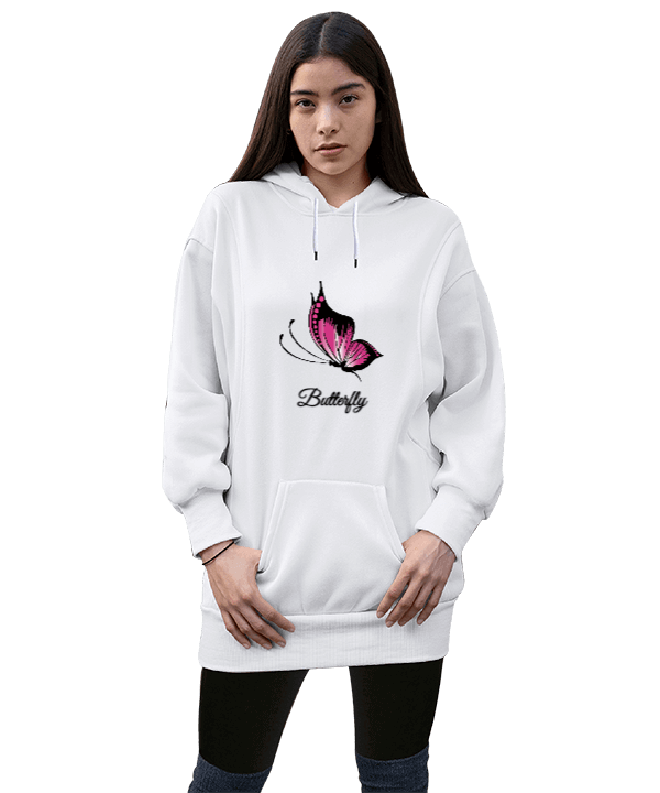 Tisho - Kelebek Tasarımı Kadın Uzun Hoodie Kapüşonlu Sweatshirt