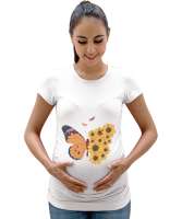 Kelebek ve Çiçekler Özel Tasarım Beyaz Kadın Hamile Tişört - Tisho