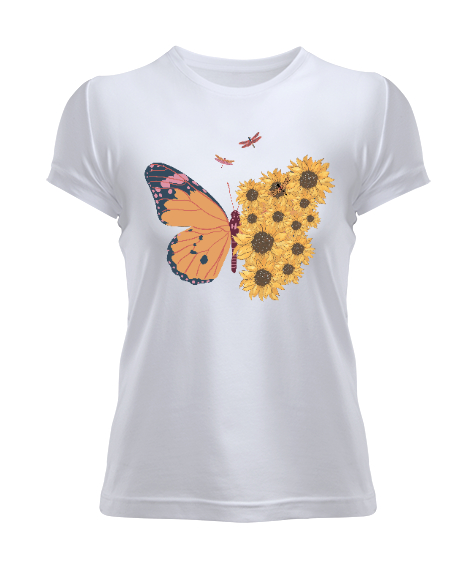 Tisho - Kelebek ve Çiçekler Özel Tasarım Beyaz Kadın Tişört