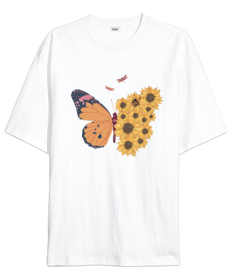 Tisho - Kelebek ve Çiçekler Özel Tasarım Beyaz Oversize Unisex Tişört
