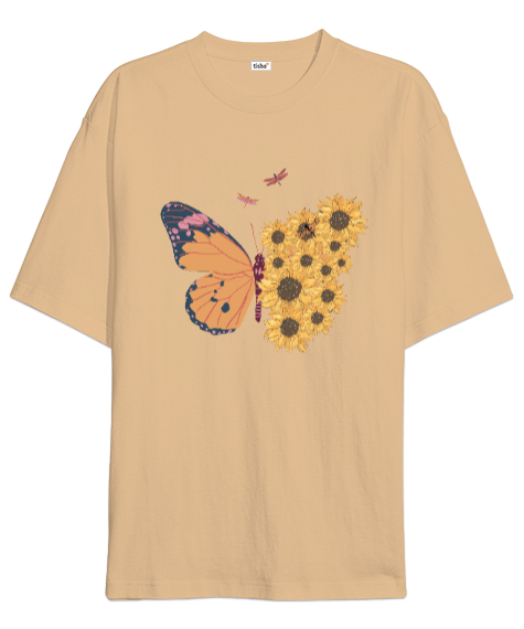 Tisho - Kelebek ve Çiçekler Özel Tasarım Camel Oversize Unisex Tişört
