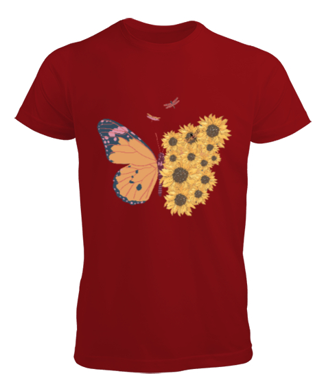 Tisho - Kelebek ve Çiçekler Özel Tasarım Kırmızı Erkek Tişört