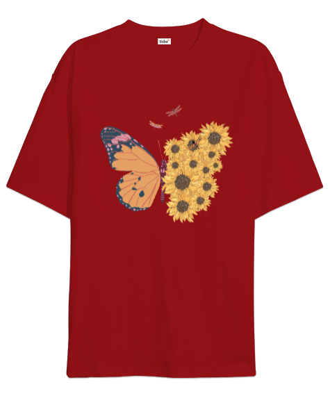 Tisho - Kelebek ve Çiçekler Özel Tasarım Kırmızı Oversize Unisex Tişört