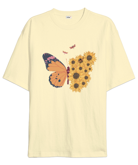 Tisho - Kelebek ve Çiçekler Özel Tasarım Krem Oversize Unisex Tişört