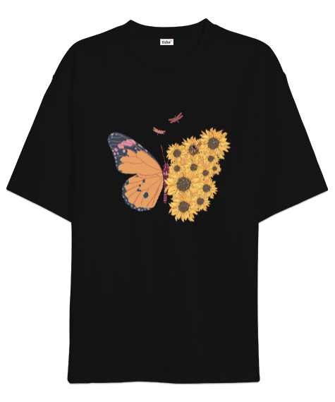 Tisho - Kelebek ve Çiçekler Özel Tasarım Siyah Oversize Unisex Tişört