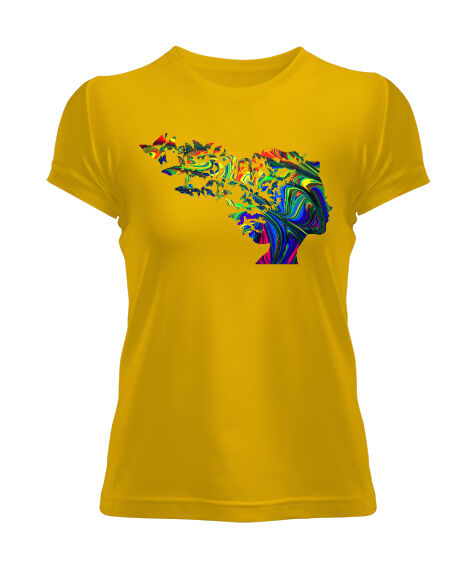 Tisho - Kelebek Ve Kız Illustration Sarı Kadın Tişört