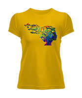 Kelebek Ve Kız Illustration Sarı Kadın Tişört - Thumbnail