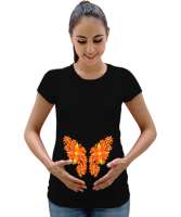 KELEBEKLER VE ÇİÇEKLER Siyah Kadın Hamile Tişört - Tisho