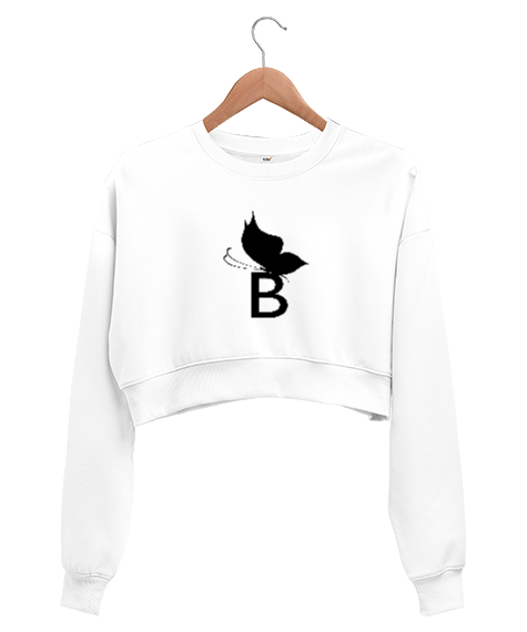 Tisho - Kelebekli B harf baskılı Beyaz Kadın Crop Sweatshirt