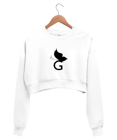 Tisho - Kelebekli G harf baskılı Beyaz Kadın Crop Sweatshirt
