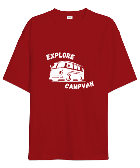 Tisho - Keşfet Karavan ve Kamp Sevdalıları Özel Tasarım Kırmızı Oversize Unisex Tişört