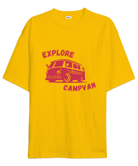 Tisho - Keşfet Karavan ve Kamp Sevdalıları Özel Tasarım Sarı Oversize Unisex Tişört