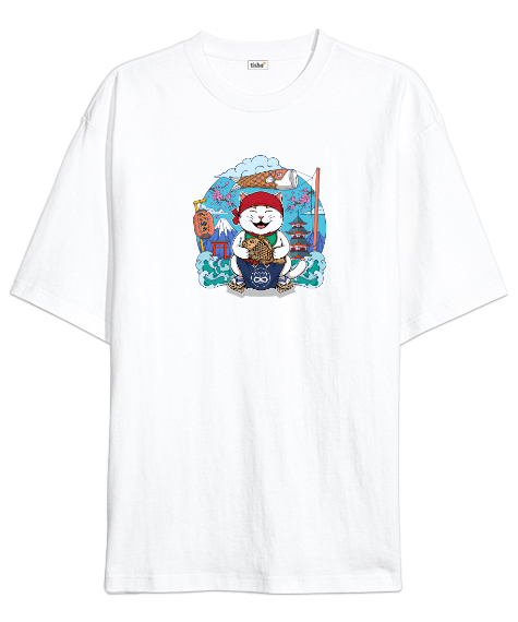 Keyifli Uzak Doğulu Balıkçı Kedi - Cat Beyaz Oversize Unisex Tişört - Tisho