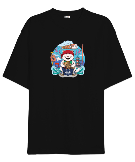 Keyifli Uzak Doğulu Balıkçı Kedi - Cat Siyah Oversize Unisex Tişört - Tisho