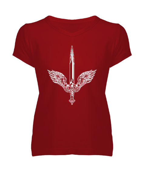 Tisho - Kılıç Ve Kanatlar - Sword Kırmızı Kadın V Yaka Tişört