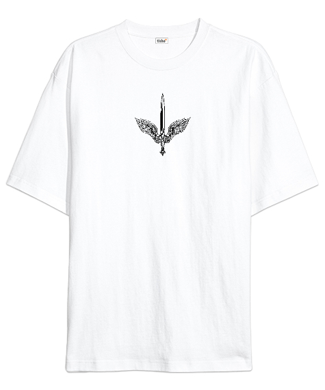 Tisho - Kılıç Ve Kanatlar - Sword - Sırt Taraflı Beyaz Oversize Unisex Tişört