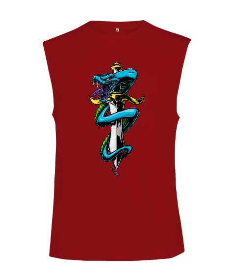 Tisho - Kılıca Dolanan Güçlü Kobra Kırmızı Kesik Kol Unisex Tişört