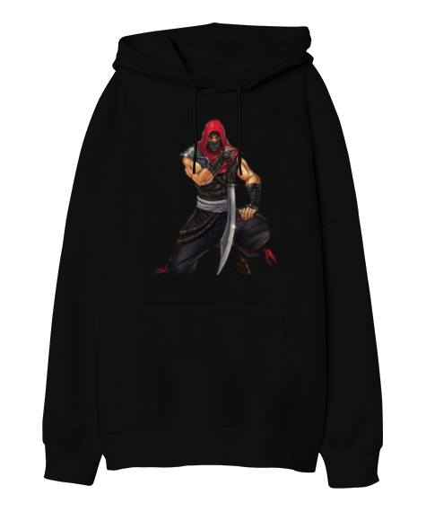 Tisho - Kılıçlı savaşcı Siyah Oversize Unisex Kapüşonlu Sweatshirt