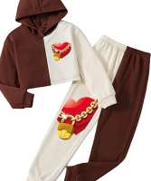 kilitli kalp Krem Kahve Çift Renkli Kız Çocuğu Crop Hoodie ve Eşofman Altı - Tisho