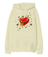 Kilitli Kalp Krem Oversize Unisex Kapüşonlu Sweatshirt - Tisho