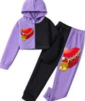 Kilitli Kalp Lila-Siyah Çift Renkli Kız Çocuğu Crop Hoodie ve Eşofman Altı - Tisho