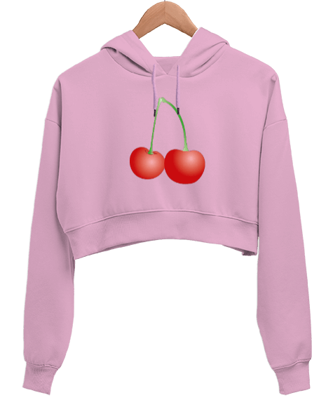 Tisho - Kiraz Baskılı Kadın Crop Hoodie Kapüşonlu Sweatshirt