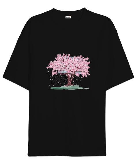 Tisho - Kiraz Çiçeği Siyah Oversize Unisex Tişört